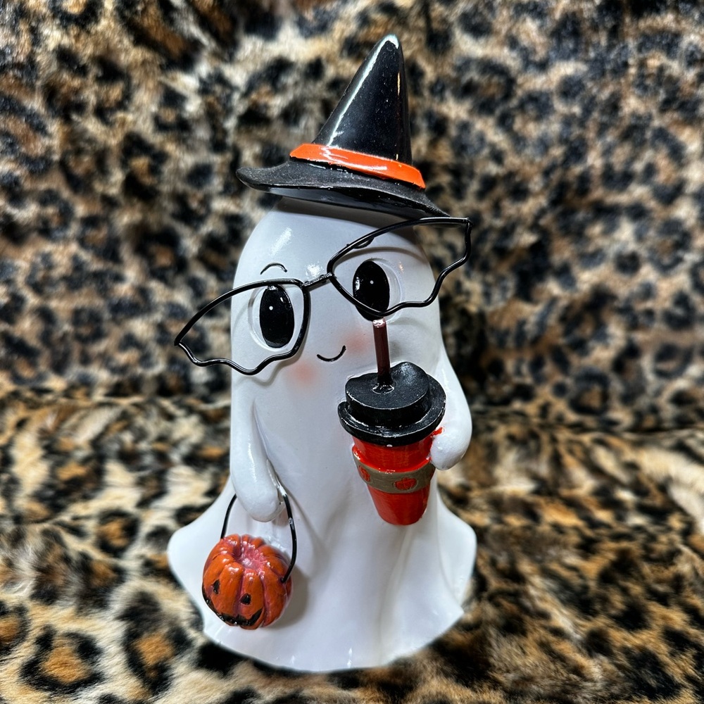 Cute Ghost Figurine with Witch Hat and Accessories
